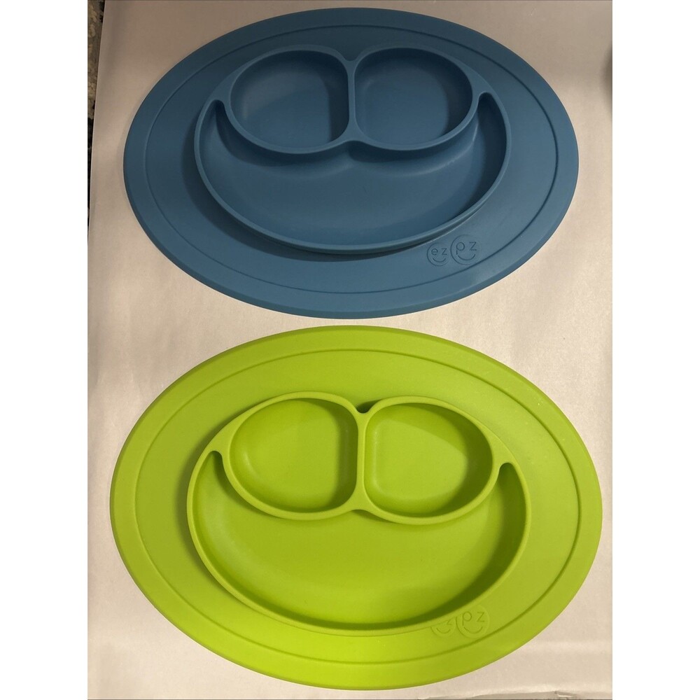 Ezpz Happy Silicone Mat Green/Blue Suction Plate Toddler Baby Seperated 11x8 2p